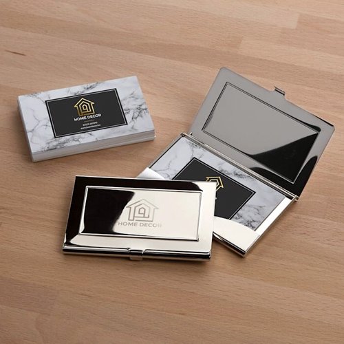 Custom engraved metal card holders for professional business cards.