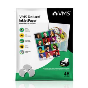 VMS Deluxe 4x6 Photo Paper, glossy finish, ideal for vibrant prints, high-quality, photo-friendly sheets.