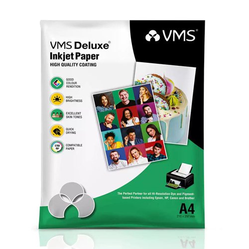 VMS Deluxe A4 Photo Paper offers high gloss, water-resistant, instant-drying, and vibrant color prints.