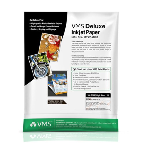 VMS Deluxe A4 180 GSM High Glossy Photo Paper, 20 Sheets for vivid prints.